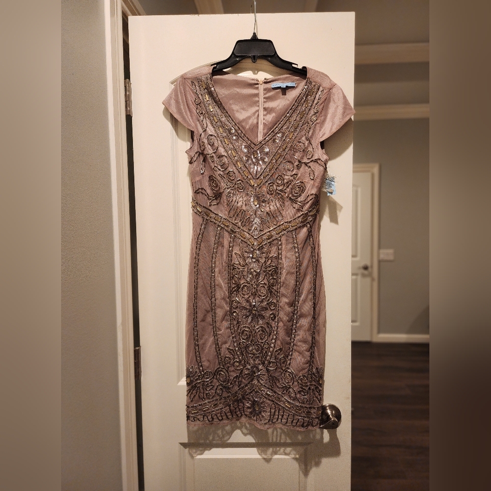 ANTONIO MELANI Gold Sheath Dress with Flutter Sleeves